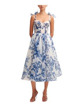 Blue Floral Tie-Shoulder Midi Dress - Women's